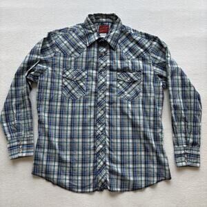 Rustler Western Pearl Snap Shirt Mens‎ XL Blue Green Plaid X-Long Tails Metallic